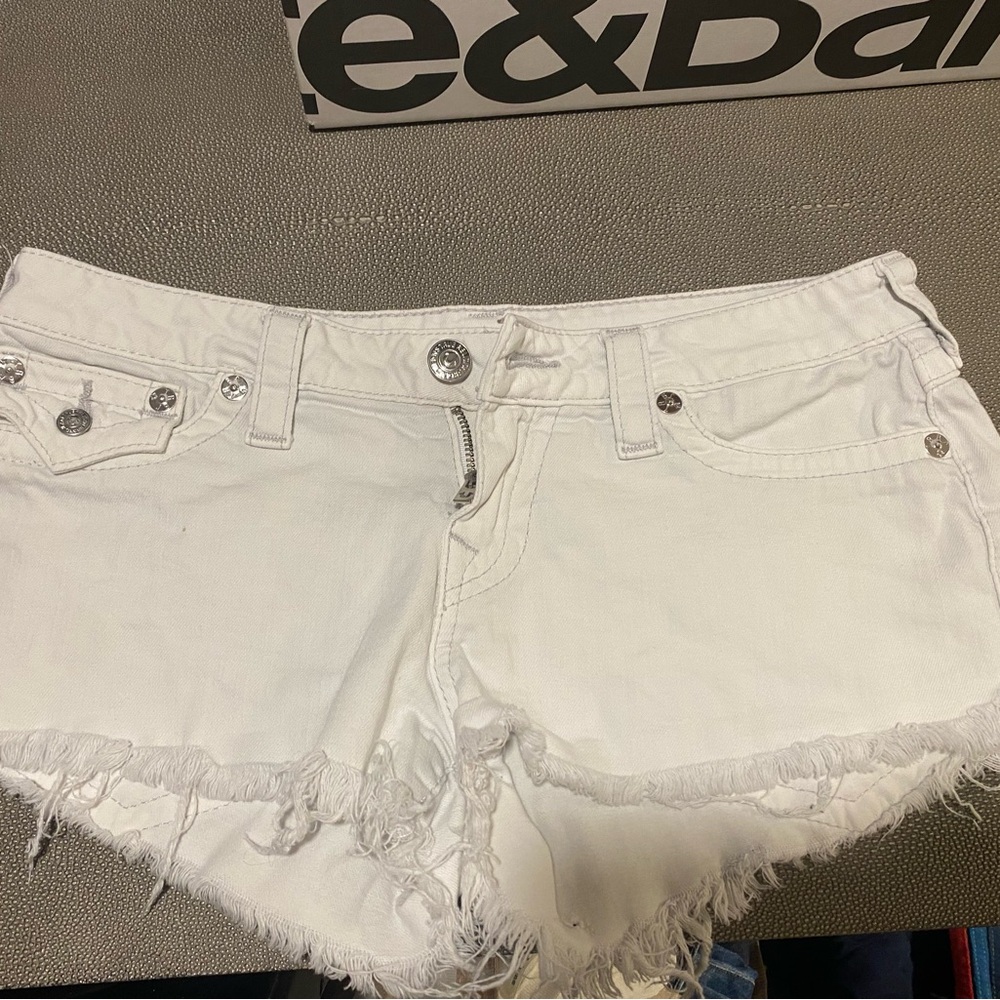 True Religion White Frayed Jean Shorts